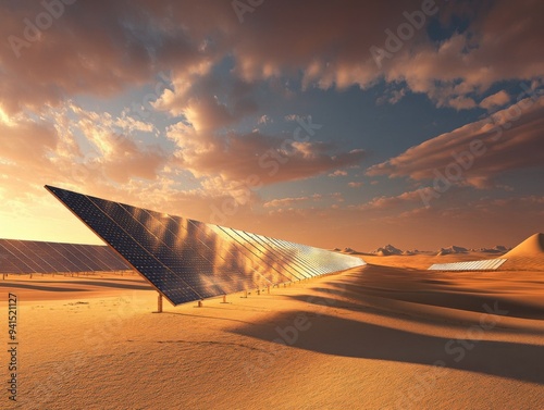 A photorealistic rendering of solar panels in the desert, with warm sunlight casting long shadows over sand dunes and creating an atmosphere of eco-friendly energy production photo