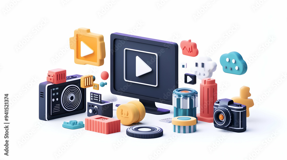 3D Icon as AI video analytics and marketing video concept as An AI video analytics icon paired with a marketing video icon representing the use of AI in analyzing and optimizing marketing videos ideal