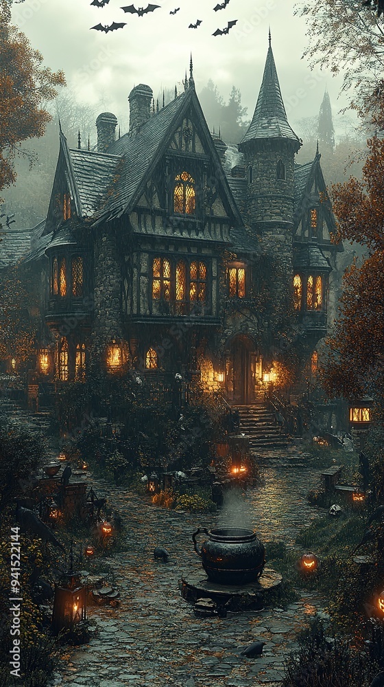 Obraz premium Scary Gothic castle on Halloween night, haunted palace or mansion for dark blue background. Spooky view of old mystery castle and bats in full moon. Horror scene with big gloomy house, fantasy place