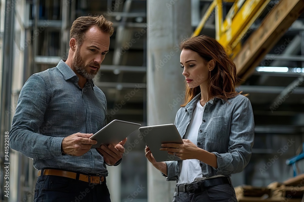 Professionals collaborating on digital tablets in a modern industrial warehouse, showcasing teamwork and technology. Professionals collaborating on digital tablets in a modern industrial warehouse, showcasing teamwork and technology.