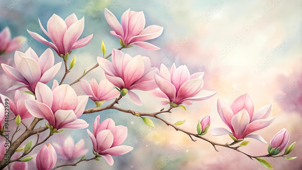 A Symphony of Pink: A Watercolor Masterpiece of Magnolia Blossoms  AI Generated