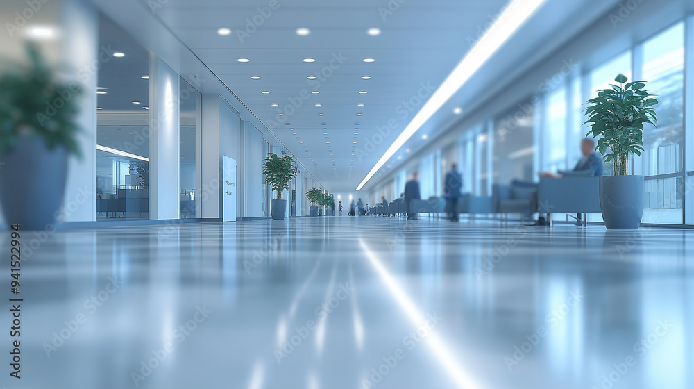 Modern Office Corridor with Natural Light and Seating Modern Office Corridor with Natural Light and Seating