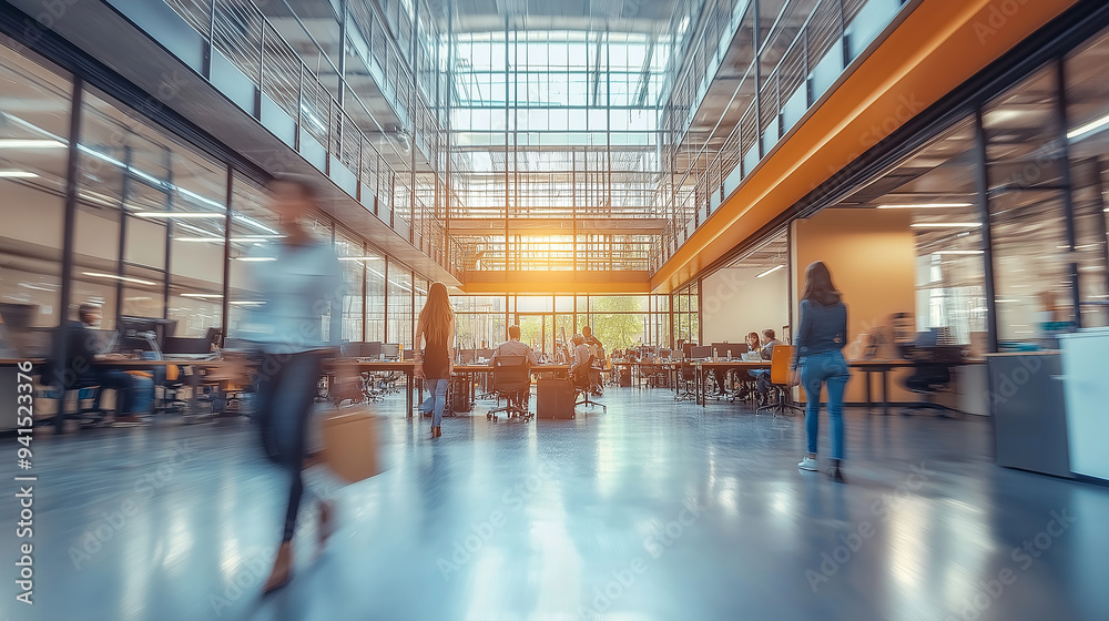 Modern Office Space with Busy Working Professionals and Collaborative Workstations Modern Office Space with Busy Working Professionals and Collaborative Workstations
