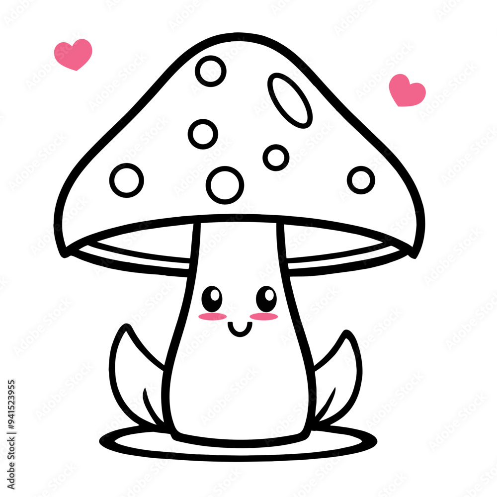 A cute cartoon mushroom with a smiling face, surrounded by pink hearts A cute cartoon mushroom with a smiling face, surrounded by pink hearts