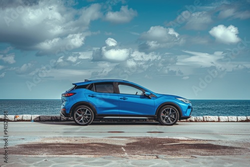 Wallpaper Mural A blue car parked along the side of a coastal road with the ocean in the background Torontodigital.ca