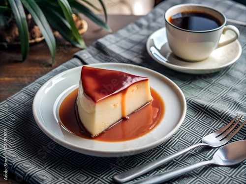 A slice of creamy flan with caramel sauce, set on a white plate with a fork and a cup of coffee, under soft, ambient lighting photo