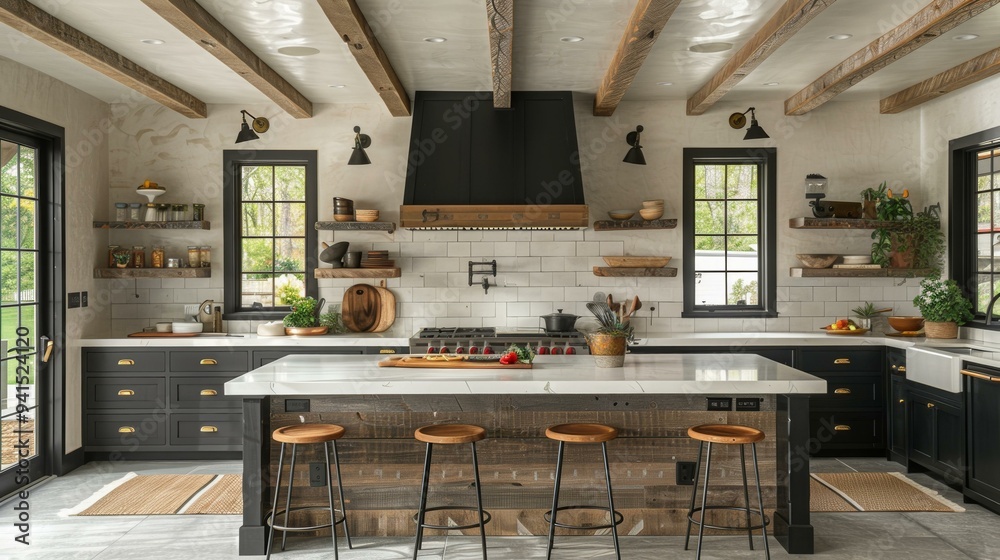 Modern Kitchen with Wooden Accents, Open Shelving and Island Modern Kitchen with Wooden Accents, Open Shelving and Island