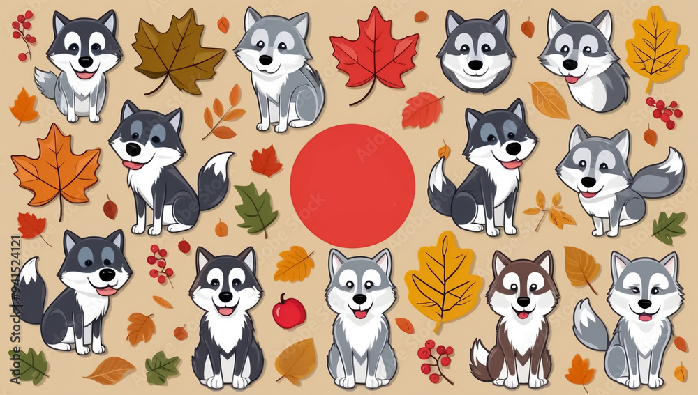 sticker set, different cute funny wolf