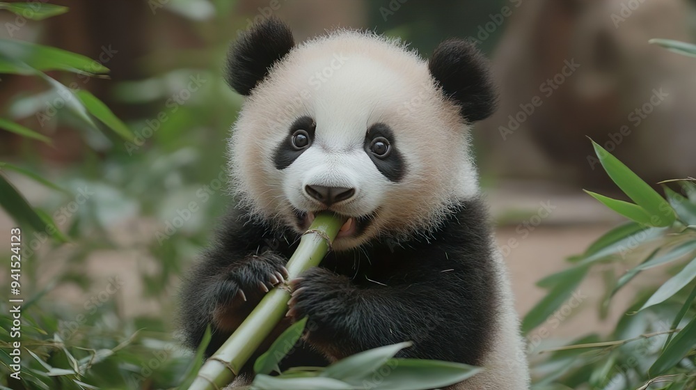 Charming panda bear eating bamboo ideal for capturing cute and endangered wildlife images Charming panda bear eating bamboo ideal for capturing cute and endangered wildlife images