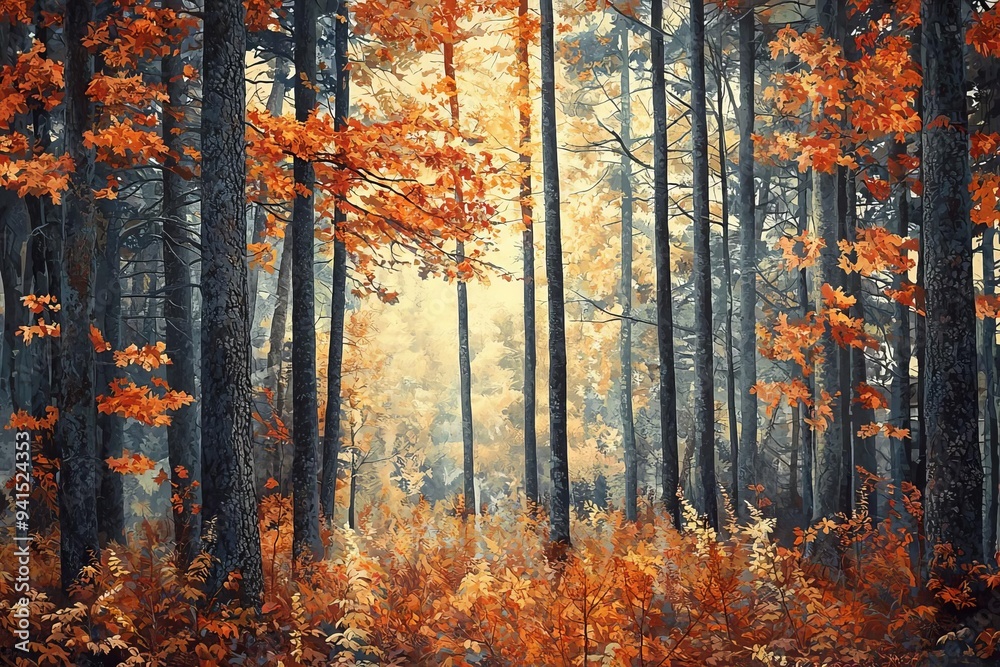 Fototapeta premium A serene autumn forest scene with vibrant orange leaves and soft sunlight filtering through tall trees, creating a tranquil atmosphere.
