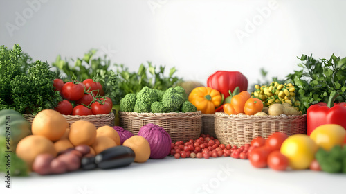 3D Icon as Farmers market produce with World Food Day text isolated on white concept as Camera movement Zoom into the farmers market produce. Scene Isolated white background. Detail Highlighting local