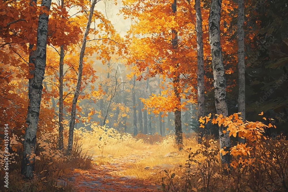 A tranquil forest scene featuring vibrant autumn foliage under soft sunlight, ideal for nature and seasonal themes. A tranquil forest scene featuring vibrant autumn foliage under soft sunlight, ideal for nature and seasonal themes.
