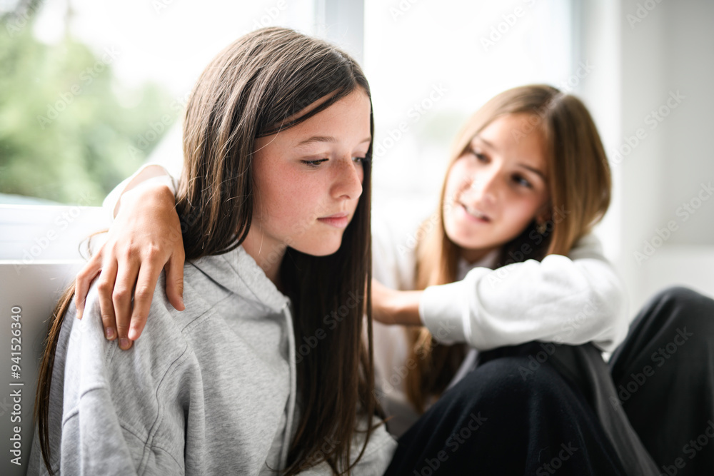Depress and sad Teen girl sit on sofa wearing hoodies Depress and sad Teen girl sit on sofa wearing hoodies