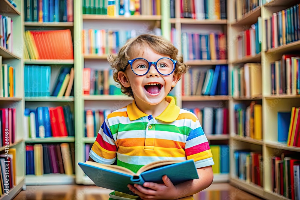 Aspiring Bookworm: Child in a library, surrounded by books, glasses symbolizing potential, vibrant colors, joyful expression Aspiring Bookworm: Child in a library, surrounded by books, glasses symbolizing potential, vibrant colors, joyful expression