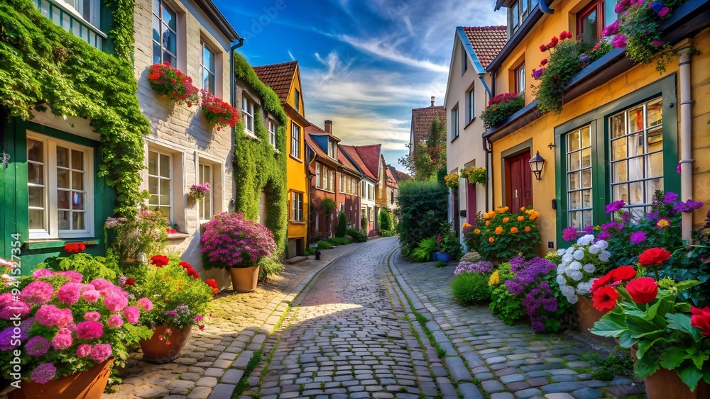 A Tapestry of Hues: Vibrant Buildings and Blooming Flowers on a Cobblestone Street generative AI A Tapestry of Hues: Vibrant Buildings and Blooming Flowers on a Cobblestone Street generative AI