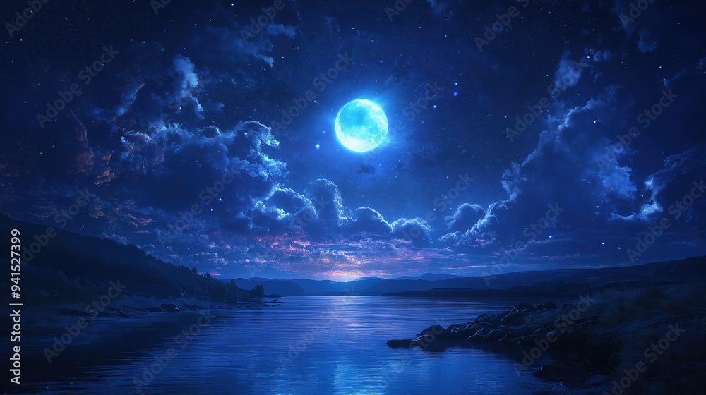 Enchanting moonlit landscape with starry sky over tranquil lake reflecting night clouds Enchanting moonlit landscape with starry sky over tranquil lake reflecting night clouds