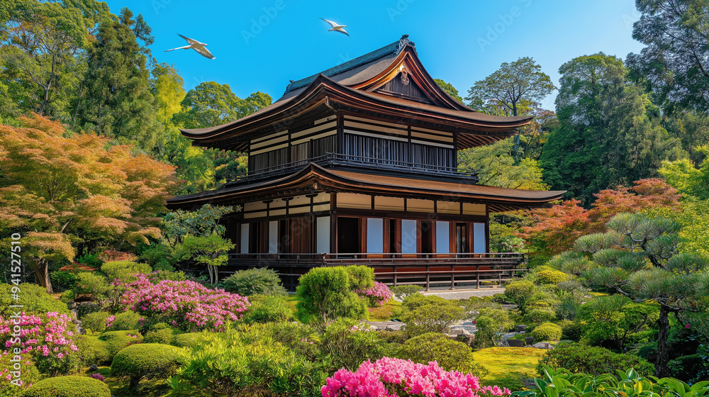 Serenity at a Traditional Japanese Temple Surrounded by Lush Garden and Vibrant Blossoms Serenity at a Traditional Japanese Temple Surrounded by Lush Garden and Vibrant Blossoms