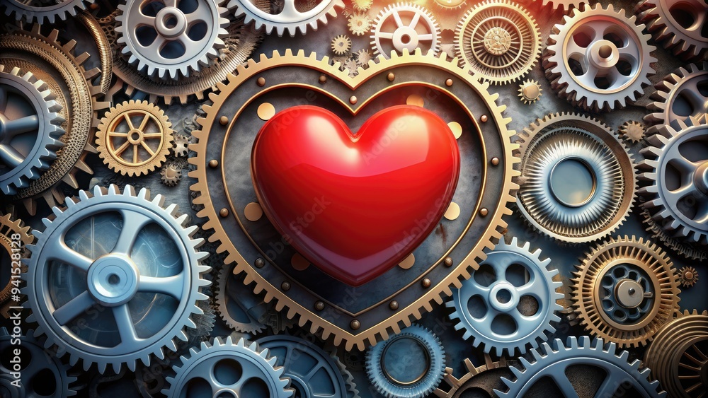 A stylized red heart symbol surrounded by a circle of interconnected gears, representing the harmony of cardiovascular wellness and medical technology in modern healthcare. A stylized red heart symbol surrounded by a circle of interconnected gears, representing the harmony of cardiovascular wellness and medical technology in modern healthcare.