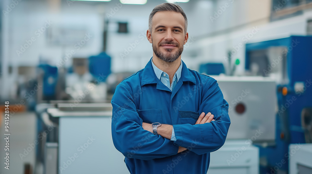 Obraz premium Confident engineer standing with crossed arms in modern industrial factory environment