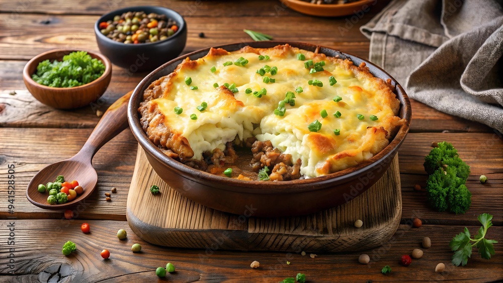 A Close-Up View of a Homemade Shepherd's Pie with a Crispy Golden Mashed Potato Crust generative AI A Close-Up View of a Homemade Shepherd's Pie with a Crispy Golden Mashed Potato Crust generative AI