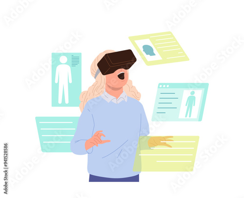 Little schoolgirl student cartoon character wearing virtual reality headset learning anatomy