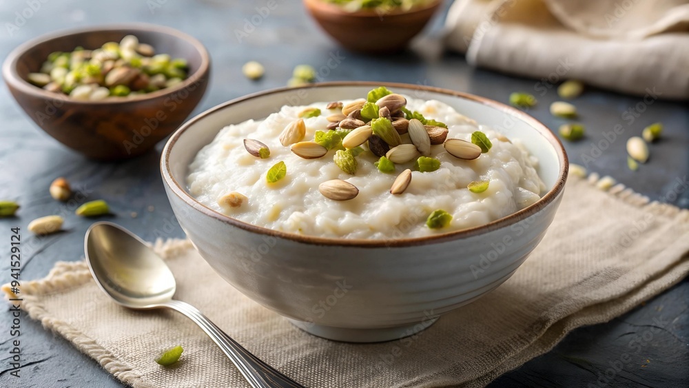 A Luxurious Dessert: Rice Pudding with Pistachio Garnish generative AI A Luxurious Dessert: Rice Pudding with Pistachio Garnish generative AI