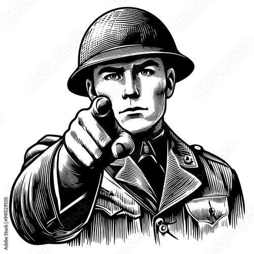 stern soldier, pointing directly forward, symbolizing military recruitment, duty, and patriotism sketch engraving generative ai PNG illustration. Scratch board imitation. Black and white image. photo