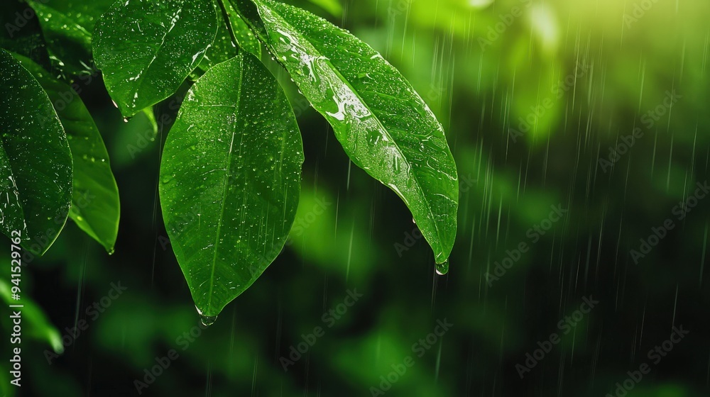 A leaf is wet from the rain. The leaf is green and has a shiny appearance. The rain is falling on the leaf, making it look fresh and vibrant A leaf is wet from the rain. The leaf is green and has a shiny appearance. The rain is falling on the leaf, making it look fresh and vibrant