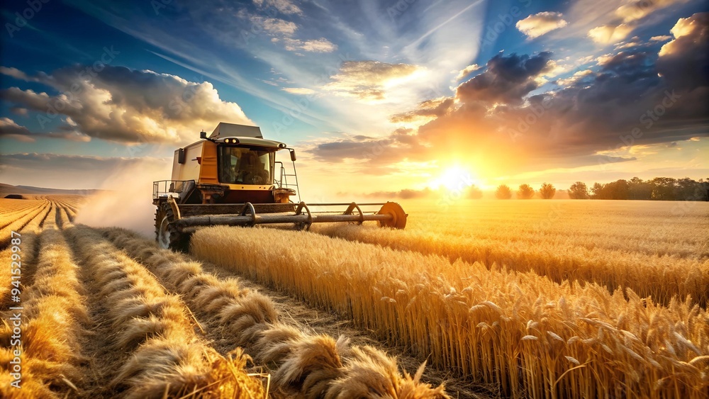 Fototapeta premium Sun-Drenched Fields and the Rhythmic Hum of Harvesting Machinery AI generated