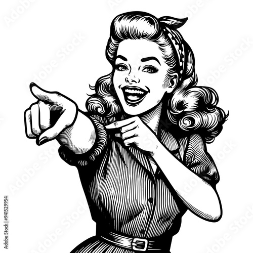 smiling retro woman pointing finger, confident and cheerful expression sketch engraving generative ai fictional character PNG illustration. Scratch board imitation. Black and white image.