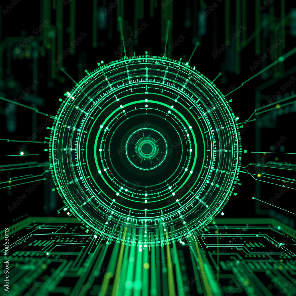 Obraz premium A futuristic green interface hovers above a digital circuit board, symbolizing advanced telecommunication signal technology and data processing.