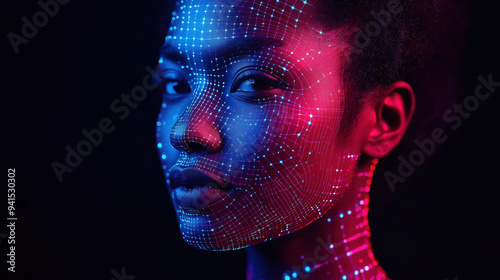 Artistic digital face mapping with vibrant neon lights showing future technology concepts in modern digital art