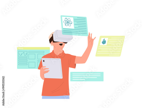 Experienced schoolboy student cartoon character in virtual reality glasses enjoying science learning