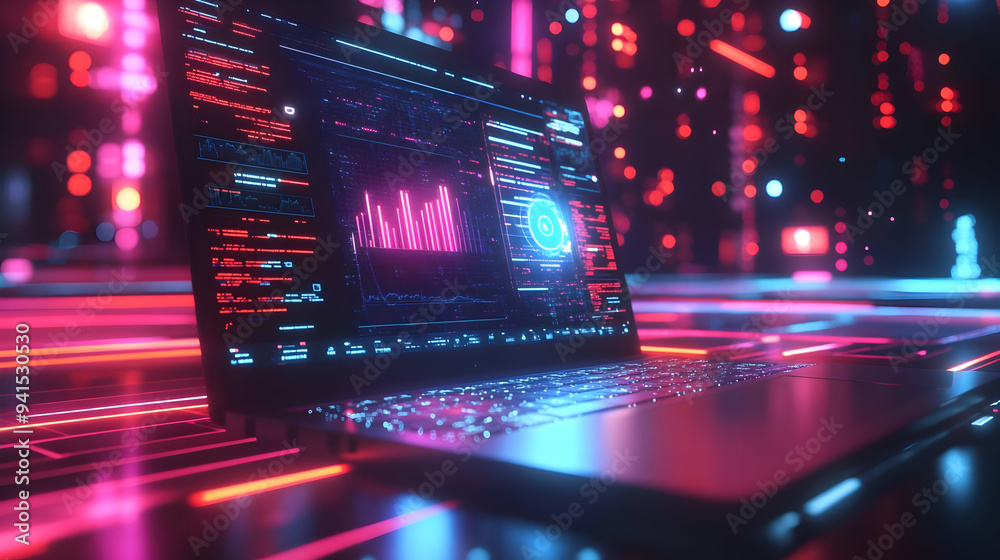 3D Icon as Laptop with holographic AI and financial icons concept as Camera movement Pan across the laptop screen with a focus on glowing holographic AI and financial icons. Scene A modern workspace w 3D Icon as Laptop with holographic AI and financial icons concept as Camera movement Pan across the laptop screen with a focus on glowing holographic AI and financial icons. Scene A modern workspace w