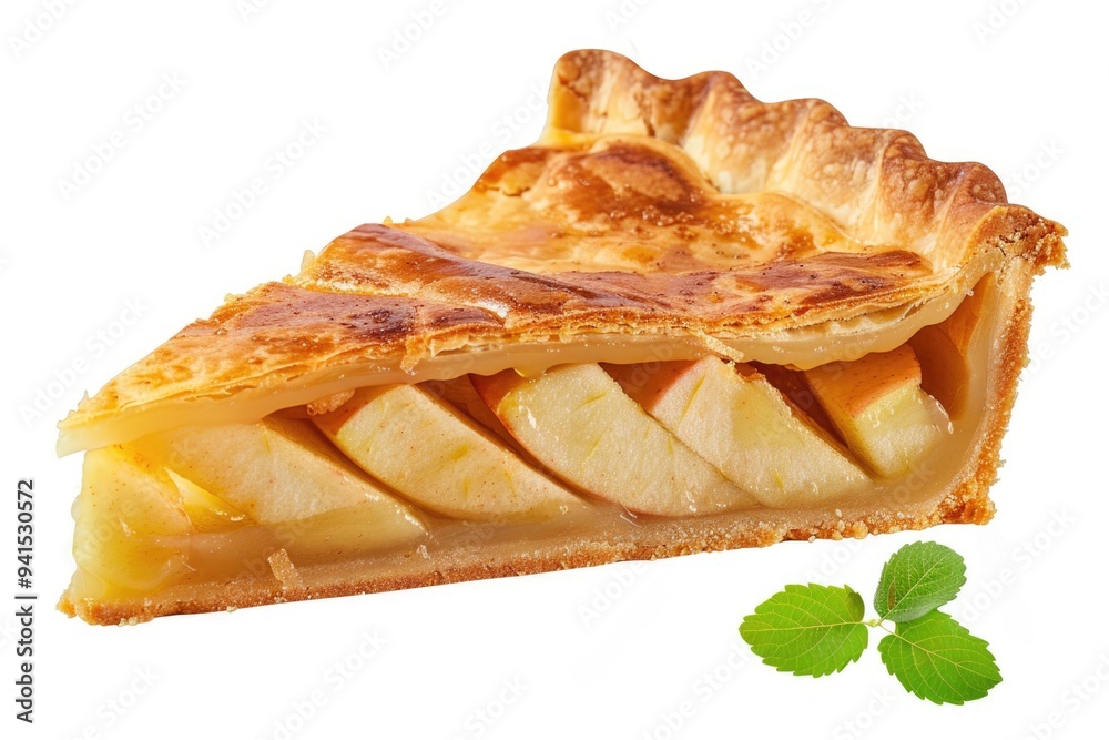 A freshly baked apple pie slice on a clean white surface, ready for serving A freshly baked apple pie slice on a clean white surface, ready for serving