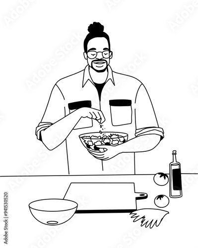 outline drawing, young man cooking in the kitchen and adding salt to the food. Vector illustration