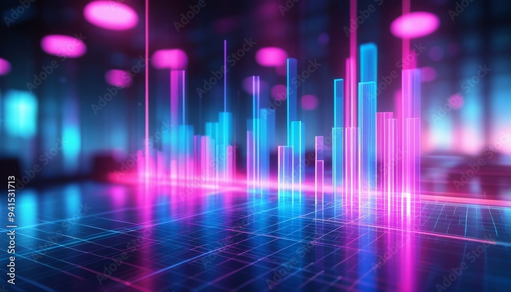 Bright neon blue and pink lights create a vibrant display of sound waves in a digital environment, setting the stage for an energetic evening performance