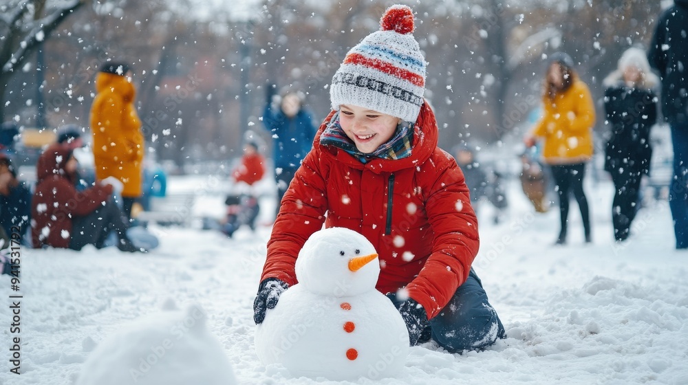 A young boy is playing in the snow, making a snowman A young boy is playing in the snow, making a snowman