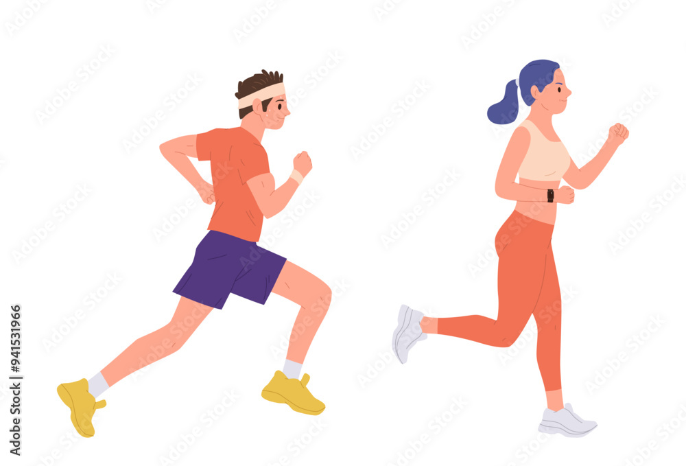 Slimming man and woman cartoon characters jogging for body development and heath strength increase Slimming man and woman cartoon characters jogging for body development and heath strength increase
