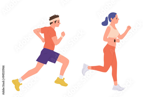 Slimming man and woman cartoon characters jogging for body development and heath strength increase