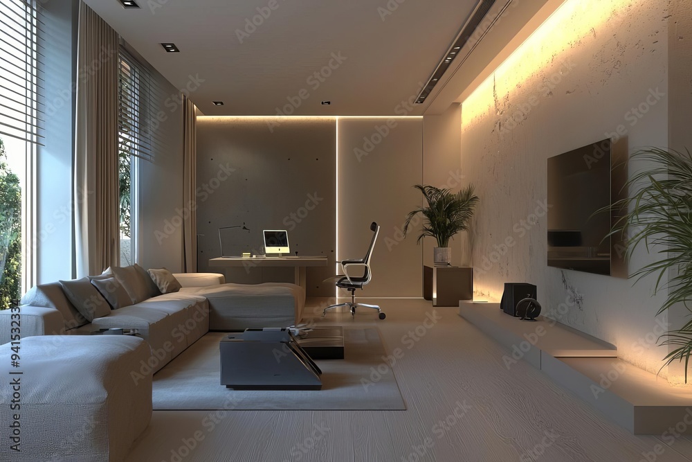 Fototapeta premium Modern and minimalistic living room with elegant furniture, soft lighting, and a workspace, perfect for relaxation and productivity.
