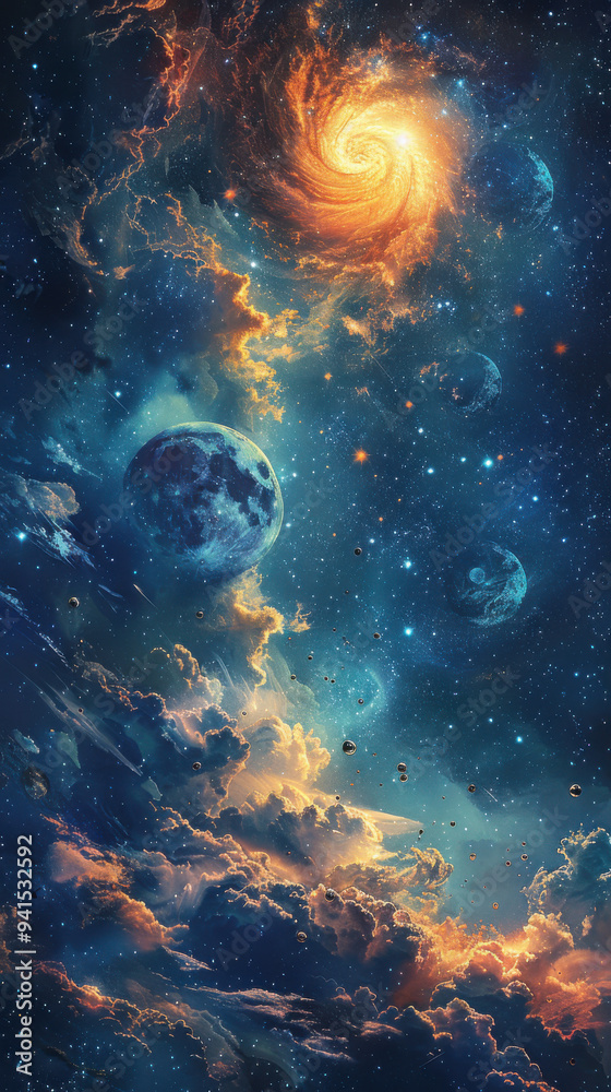An ultra-realistic portrayal of the enigmatic celestial body, depicted in various phases and forms against the backdrop of the cosmos