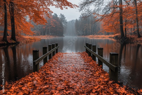 Misty autumn morning at serene lake with bridge and vibrant fall foliage