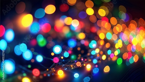 Background with Christmas Garlands, twinkling lights on a dark backdrop, warm and cozy holiday atmosphere with copy space