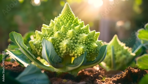 Romanesco broccoli growing in the garden photo