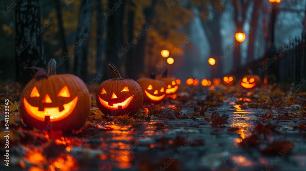 Halloween Jack-O'-Lanterns Lining Wet Pathway on Spooky Night Halloween Jack-O'-Lanterns Lining Wet Pathway on Spooky Night