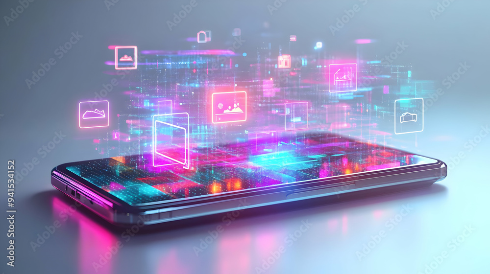3D Icon as Mobile phone with holographic cyber security icons concept as Camera movement Rotate around the mobile phone with a focus on glowing holographic cyber security icons. Scene A tech savvy env 3D Icon as Mobile phone with holographic cyber security icons concept as Camera movement Rotate around the mobile phone with a focus on glowing holographic cyber security icons. Scene A tech savvy env