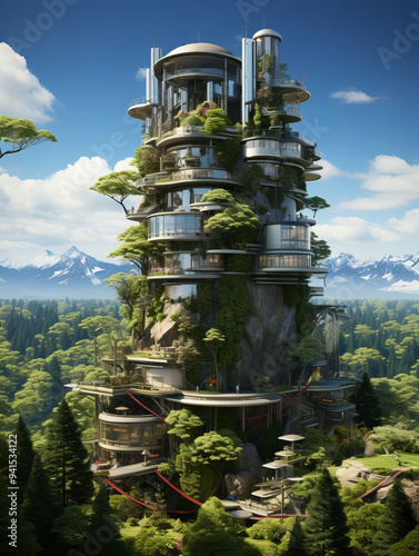 Futuristic vertical forest tower among lush green forest, intricate modern architecture with natural integrated vegetation, sunny sky suggests harmony between technology and nature.