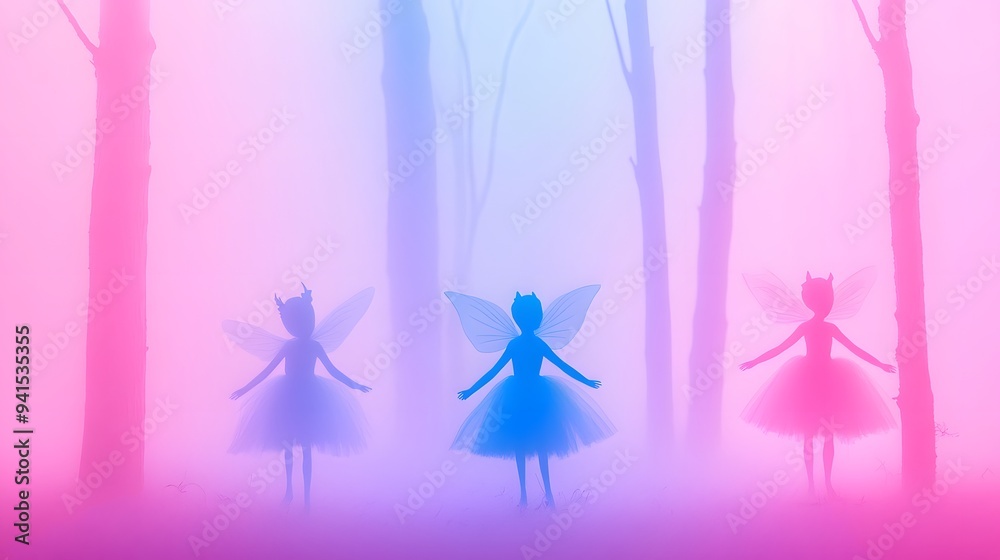 Fairy Silhouettes in Dreamy Forest With Pink and Blue Lighting Fairy Silhouettes in Dreamy Forest With Pink and Blue Lighting