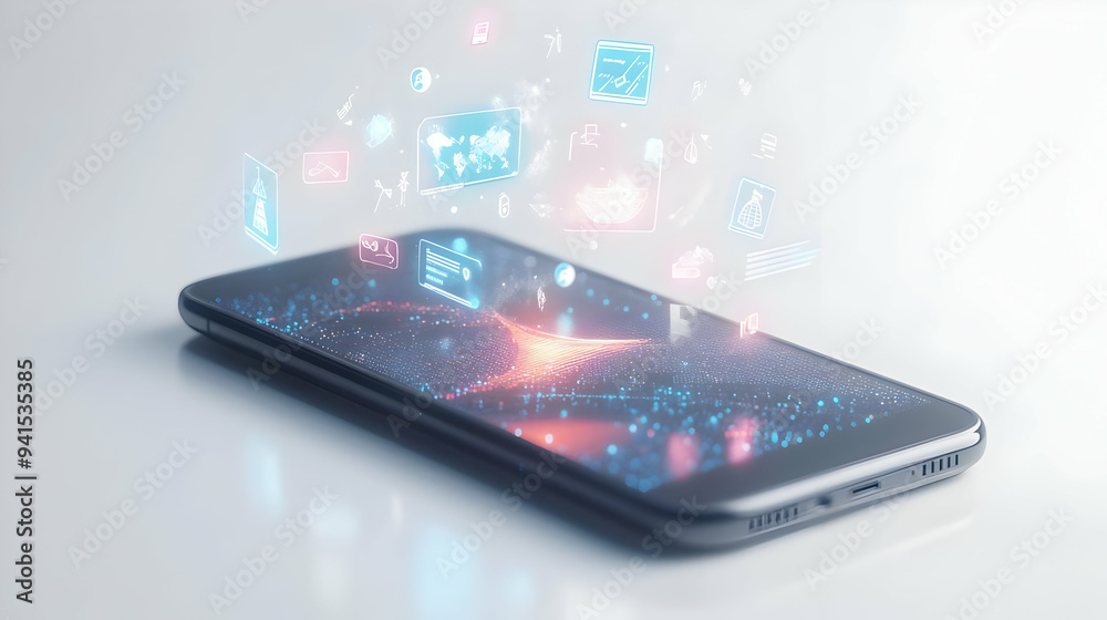 3D Icon as Mobile phone with holographic cyber security icons concept as Camera movement Rotate around the mobile phone with a focus on glowing holographic cyber security icons. Scene A tech savvy env 3D Icon as Mobile phone with holographic cyber security icons concept as Camera movement Rotate around the mobile phone with a focus on glowing holographic cyber security icons. Scene A tech savvy env